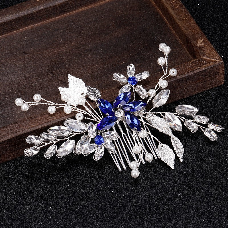 Bridal Hair Comb Vintage Silver Sapphire Rhinestone Crystal Ivory Pearl