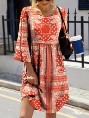  Boho Dress Paisley Print Bell Sleeve Round Neck Dress