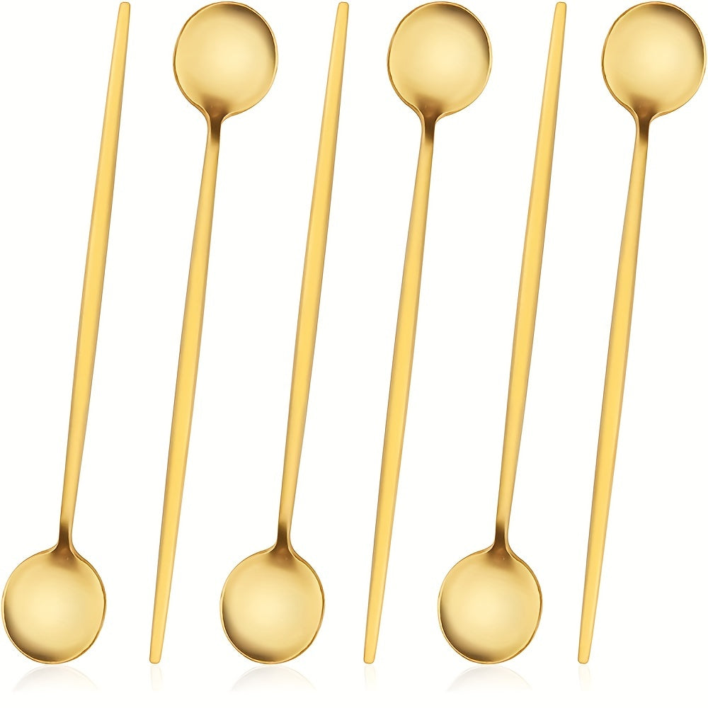 6pcs Stainless Steel Ice Tea Spoons Long Handle Golden Mirror Finish