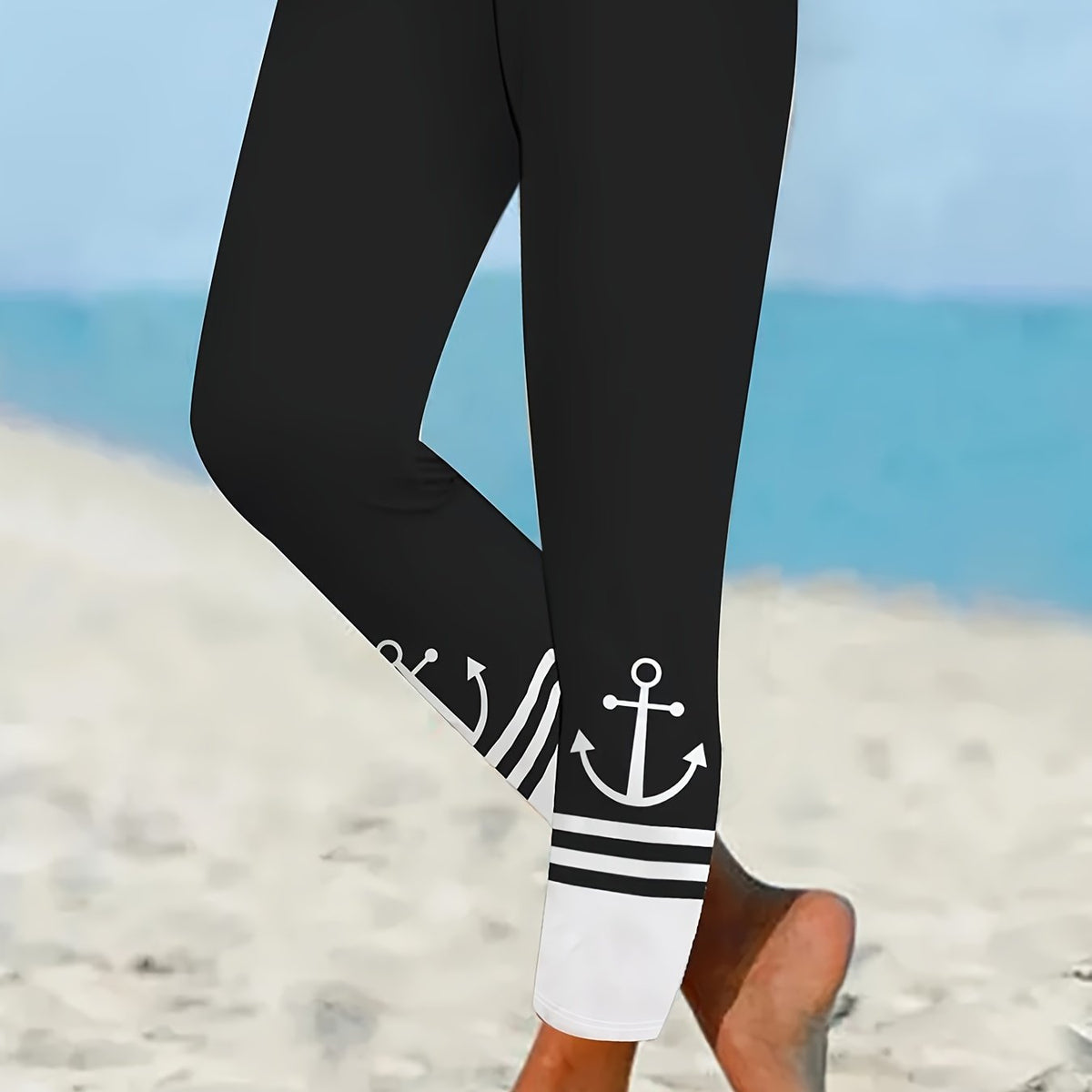  Casual Leggings Women's Plus Colorblock Anchor Print Leggings