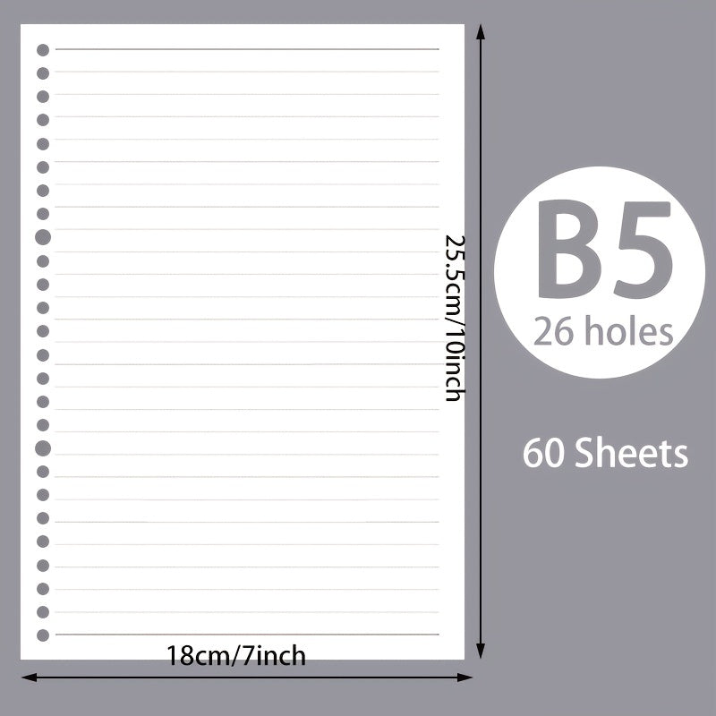 60pcs A5 B5 Horizontal Line Loose Leaf Paper Refill 20 Holes 26 Holes