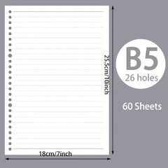 60pcs A5 B5 Horizontal Line Loose Leaf Paper Refill 20 Holes 26 Holes
