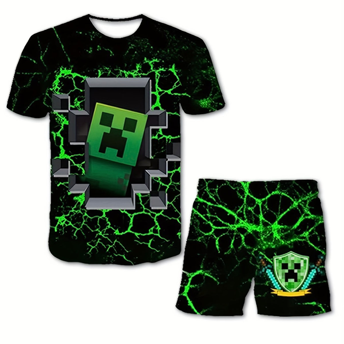 Kids' Block & Sword Graphic T-shirt & Stretchy Shorts Set for Outdoor