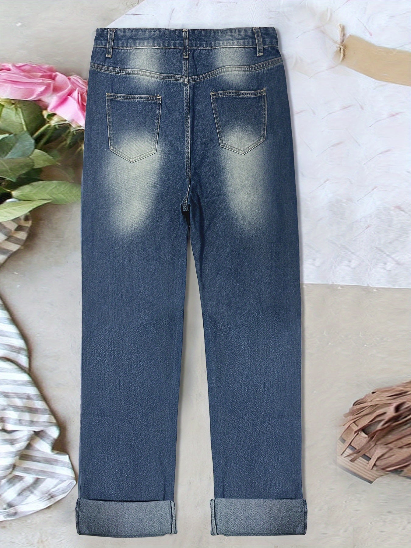  Colorblock Floral Skull Print Ripped High Rise Jeans