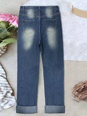 Colorblock Floral Skull Print Ripped High Rise Jeans