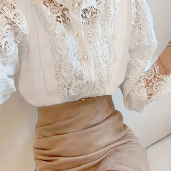  Lace Lantern Sleeve Mock Neck Shirt