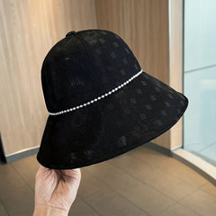 Plaid Mesh Sun Hat UV Protection Bucket Hat Faux Pearl Chain Decor