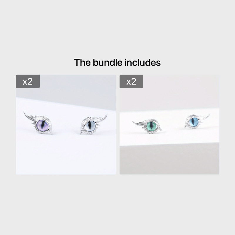 Cat Eye Stud Earrings w/ Feather 2pcs Pair