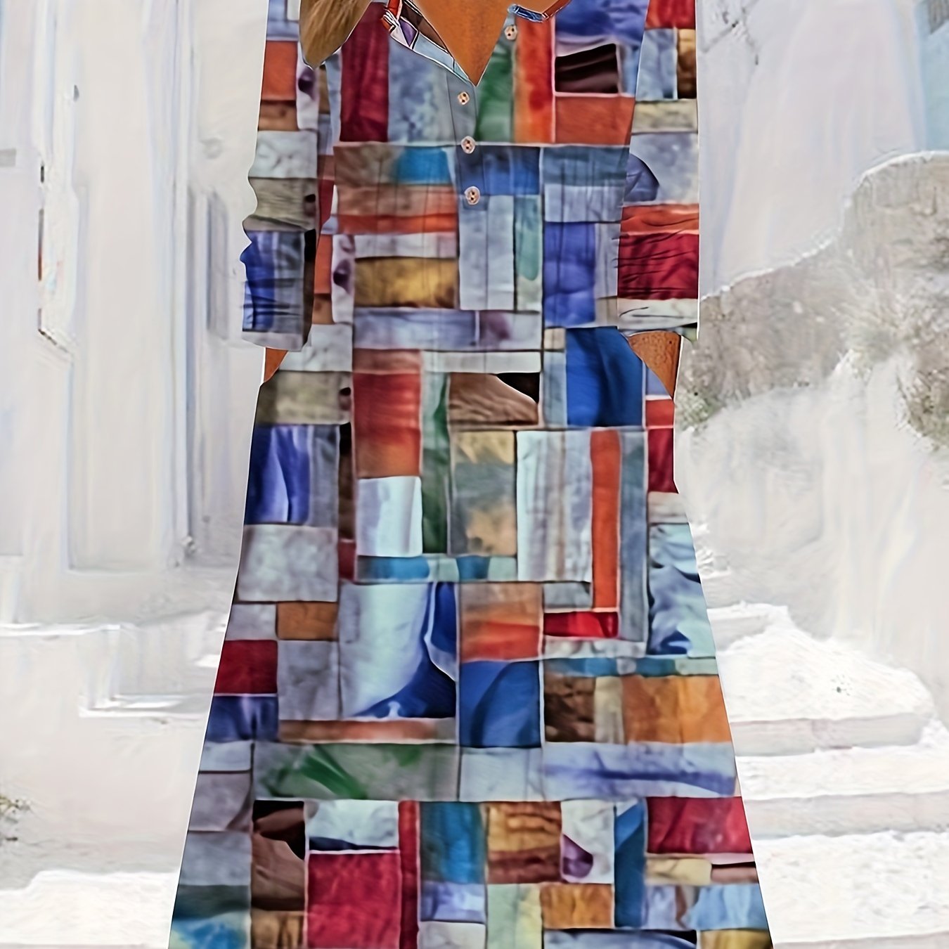  Patchwork Print Button Up V Neck Dress