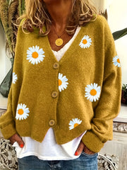 Daisy Pattern Embroidered Knitted Cardigan Sweater for Women