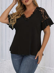  Solid Lace Ruffle Trim Bell Sleeve V Neck Top