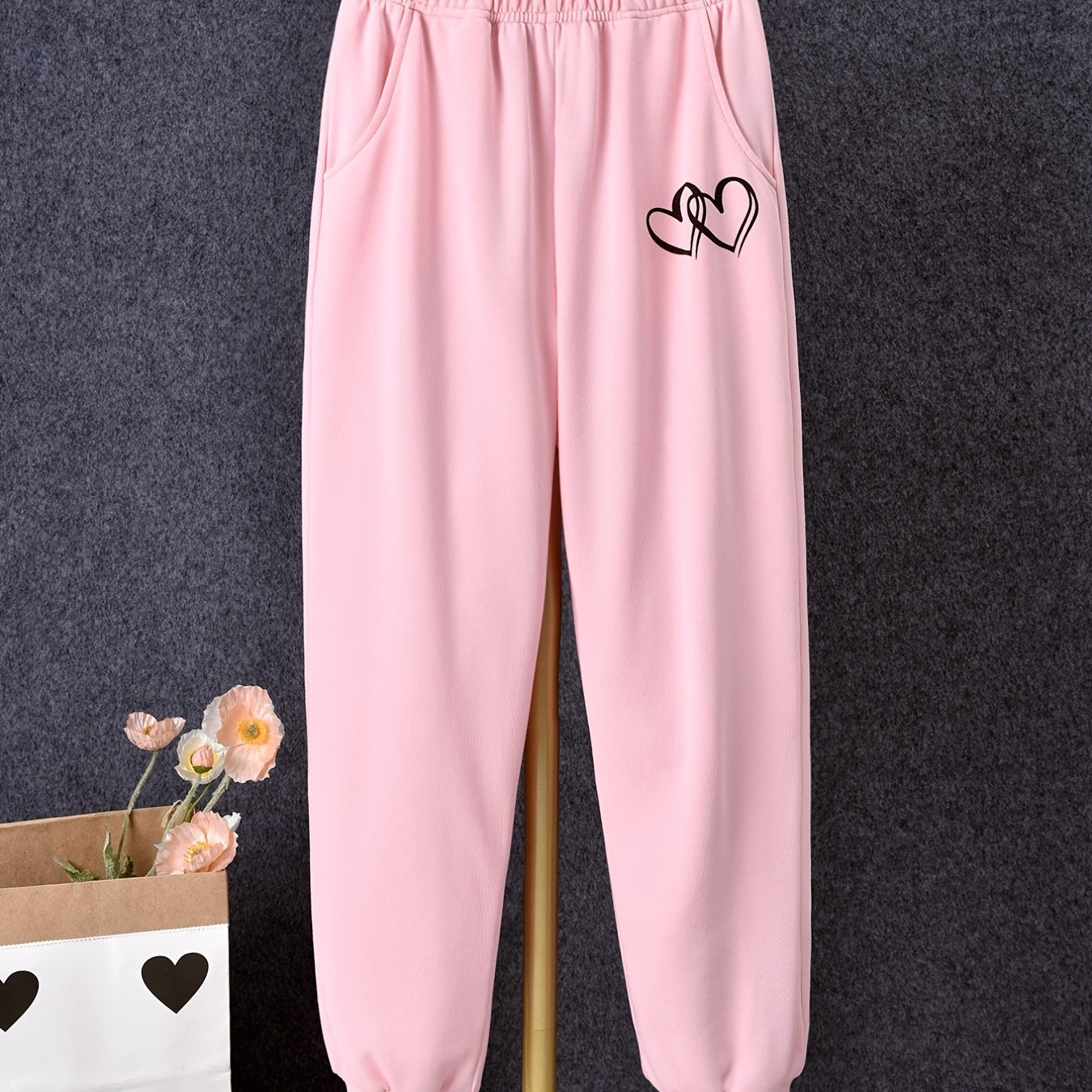 Girls Heart Pattern Sweatpants Elastic Waistband Kids Clothes