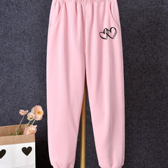 Girls Heart Pattern Sweatpants Elastic Waistband Kids Clothes