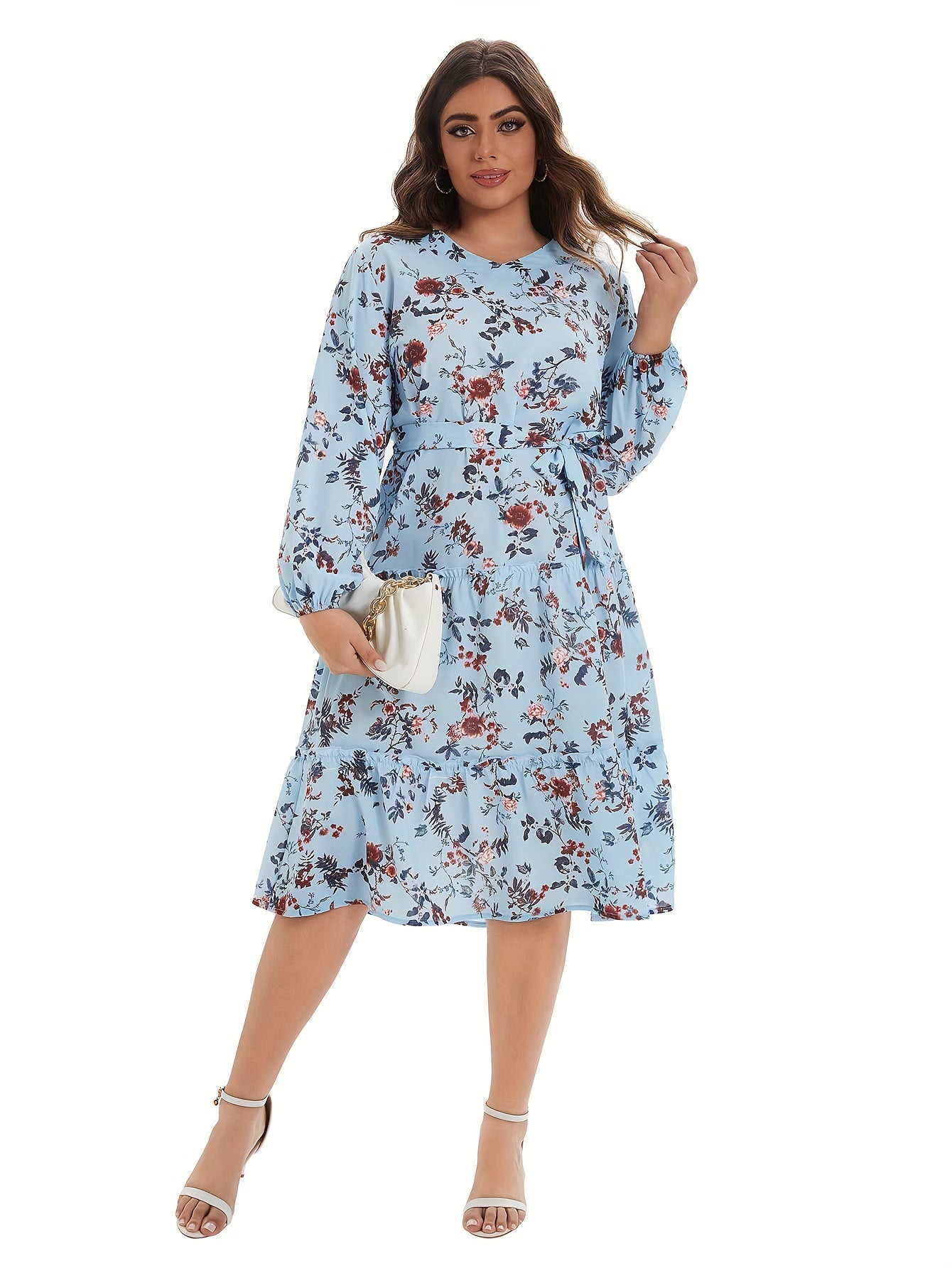  Women's Floral Lantern Sleeve Midi Dress