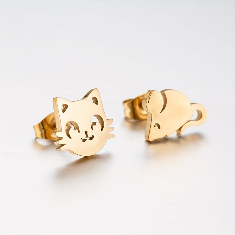 Stainless Steel Cat And Mouse Stud Earrings