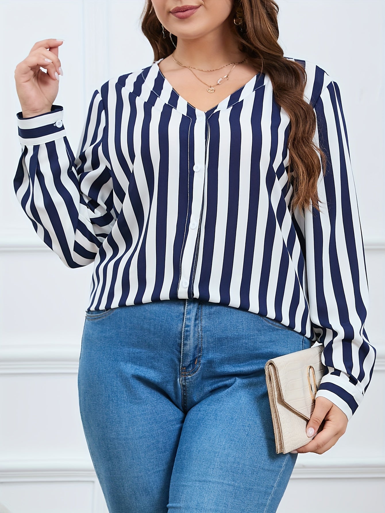  Women's Stripe Print Button Up Long Sleeve Blouse
