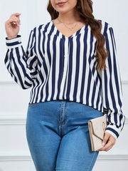  Women's Stripe Print Button Up Long Sleeve Blouse