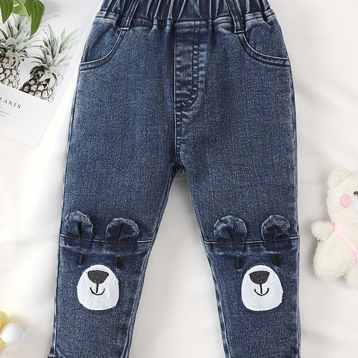 Baby Girls Cartoon Embroidery Elastic Waist Jeans Denim Pants