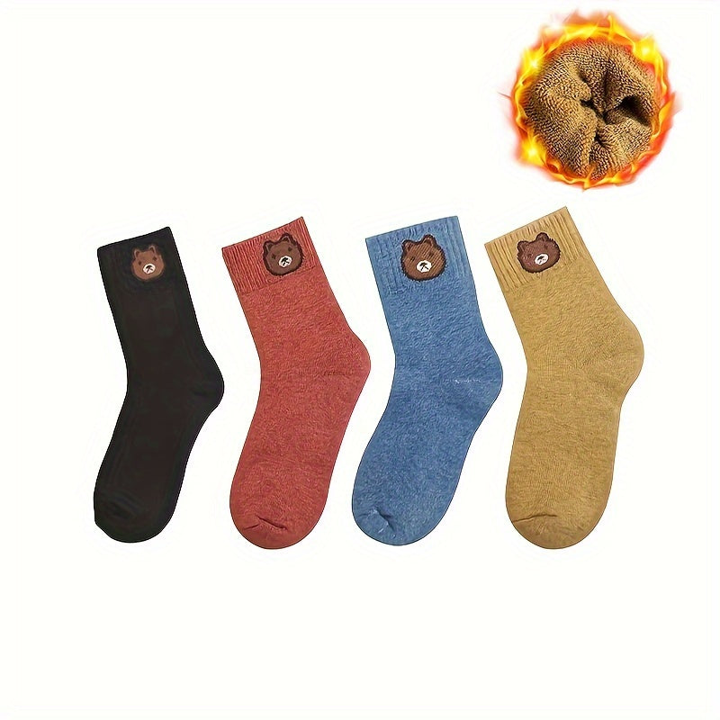 4 Pairs Cartoon Bear Print Socks Women's Mid Tube Stockings