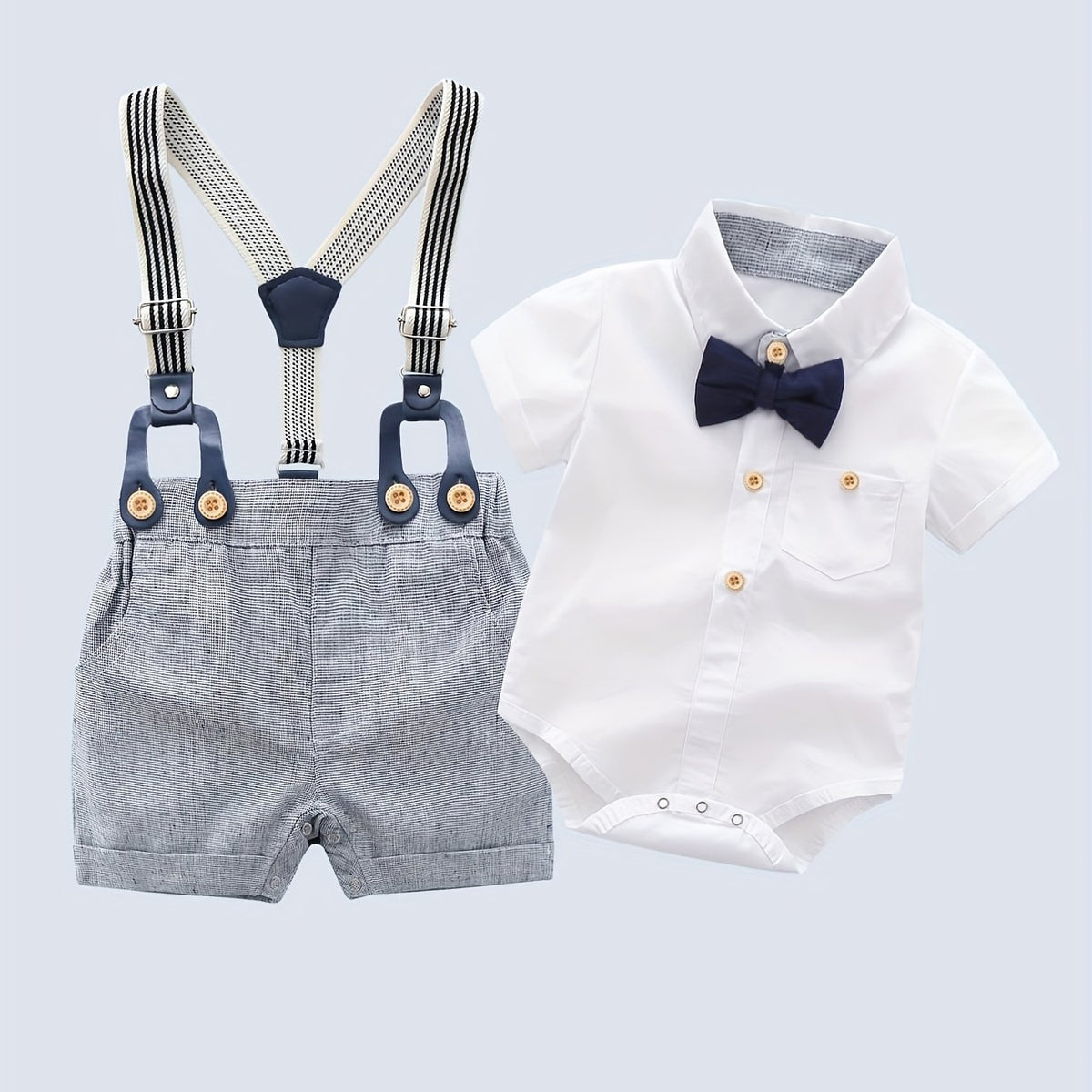 Baby Boys Gentleman Shirt Set With Bow Tie & Suspender Shorts