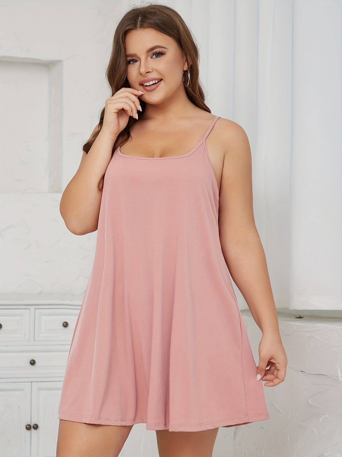  Softs Spaghetti Strap Ribbed Square Neck Slip Dress