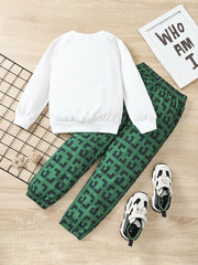 2pcs Boys Bag Print Sweatshirt & Pant Set