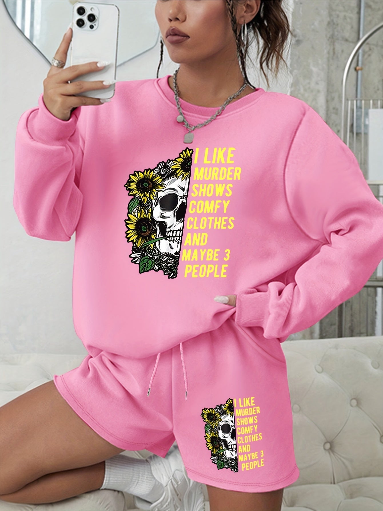  Halloween Graphic Print Sweatshirt & Shorts 2pcs Set