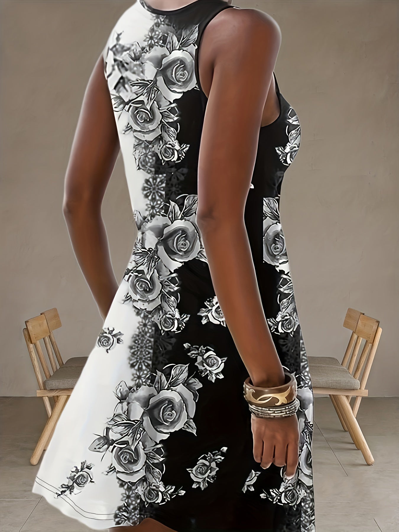  Colorblock Floral Print Round Neck Tank Dress
