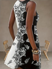  Colorblock Floral Print Round Neck Tank Dress