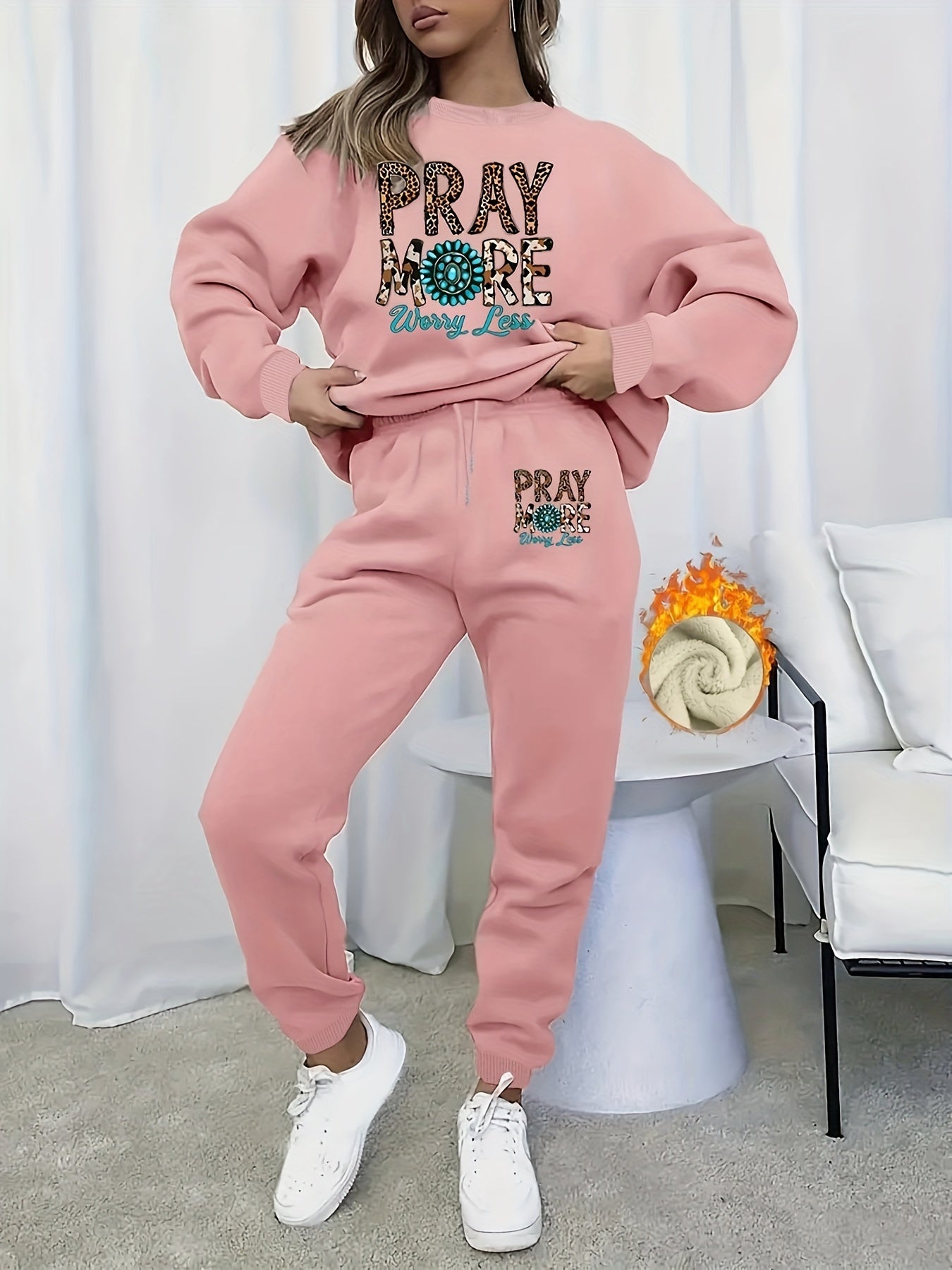  Leopard Print Fleece Crew Neck Sweatshirt & Joggers Set