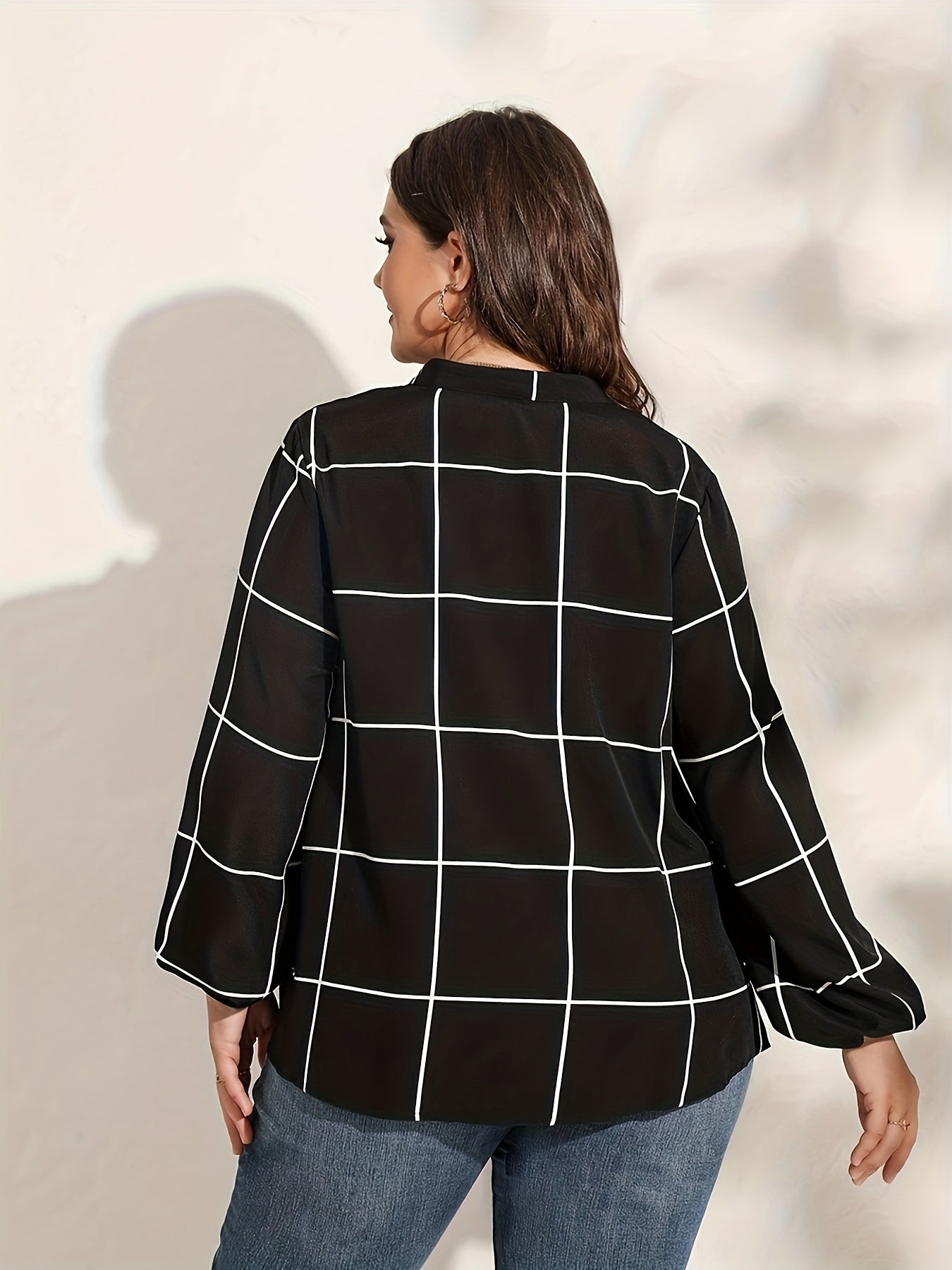  Casual Blouse Women's Plus Grid Print Notched Neck Tunic Top