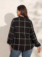  Casual Blouse Women's Plus Grid Print Notched Neck Tunic Top