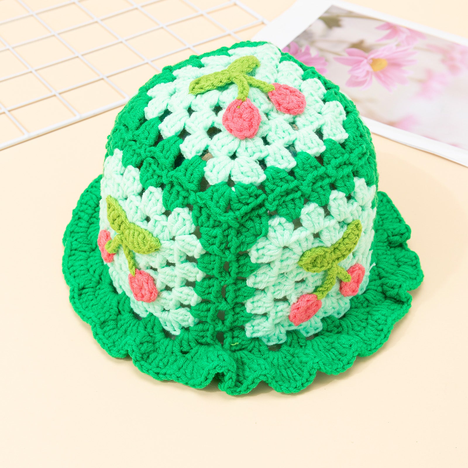 Cherry Crochet Ruffles Beanie Hollow Cotton Cloche Hat Women Knit Hats Bucket