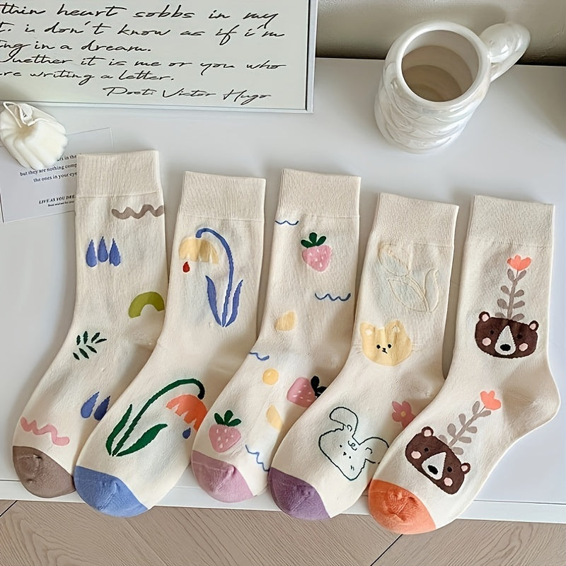 5 Pairs Cartoon Print Socks Comfy & Mid Tube Women's Stockings