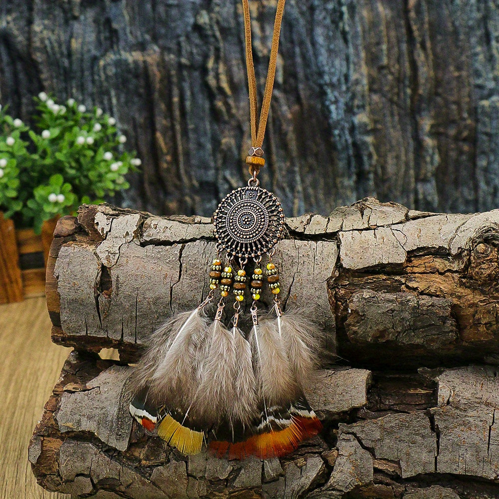 Boho Style Pendant Necklace Feather Tassel & Shell Pendant