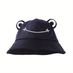 Frog Cartoon Bucket Hat Embroidery Solid Unisex Basin Hat Sunshade Travel Beach