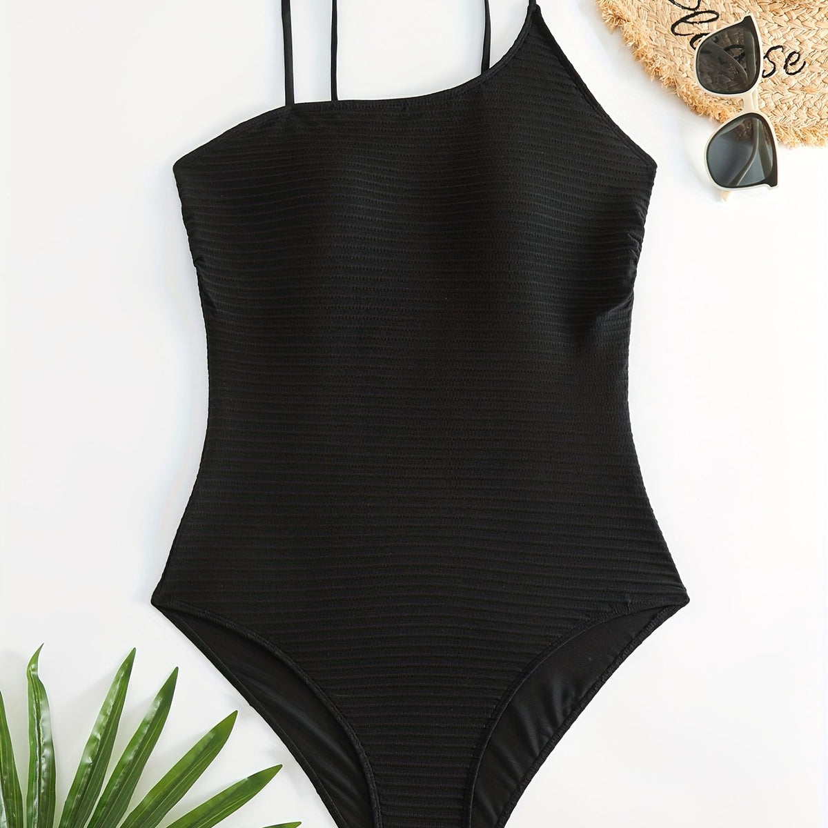  Solid Ribbed High Neck One Piece Swimsuit
