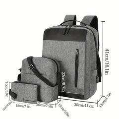 3pcs Business Commuter Laptop Backpack Set with USB Charging Port