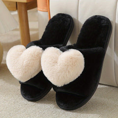 Plush Lined Heart Decor Slippers, Open Toe, Comfortable Indoor Shoes