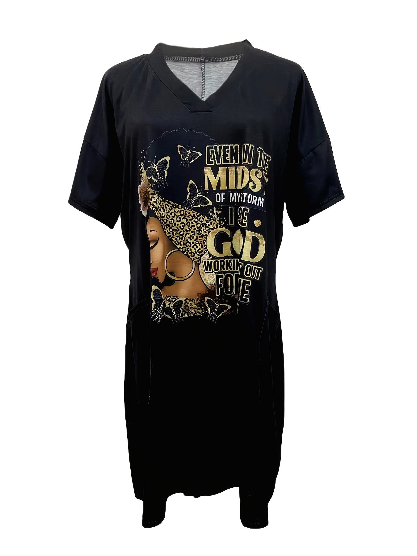  Cartoon Print V Neck Dress With Pockets