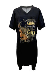  Cartoon Print V Neck Dress With Pockets