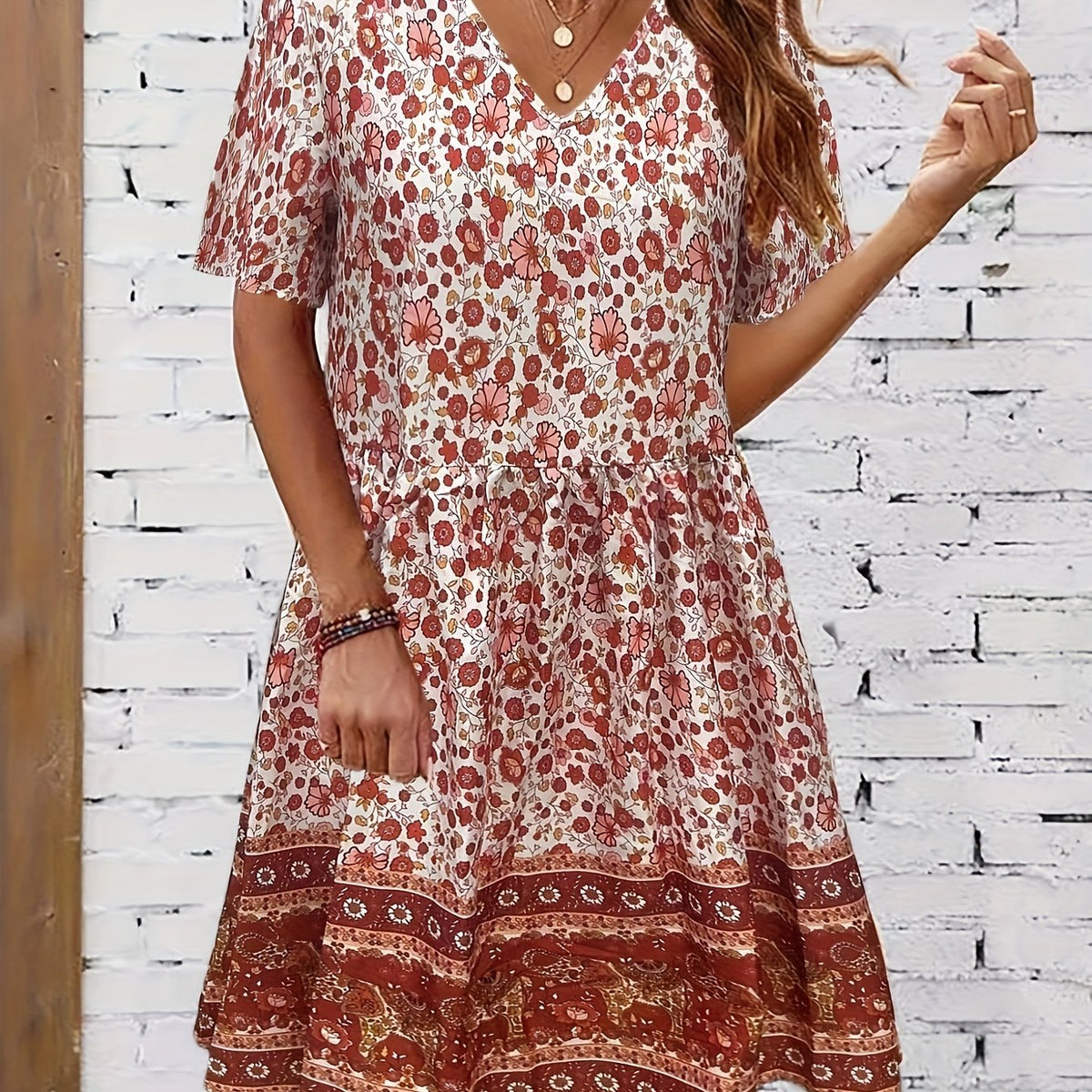 Women's Plus Floral Print Short Sleeve V Neck Summer Dress