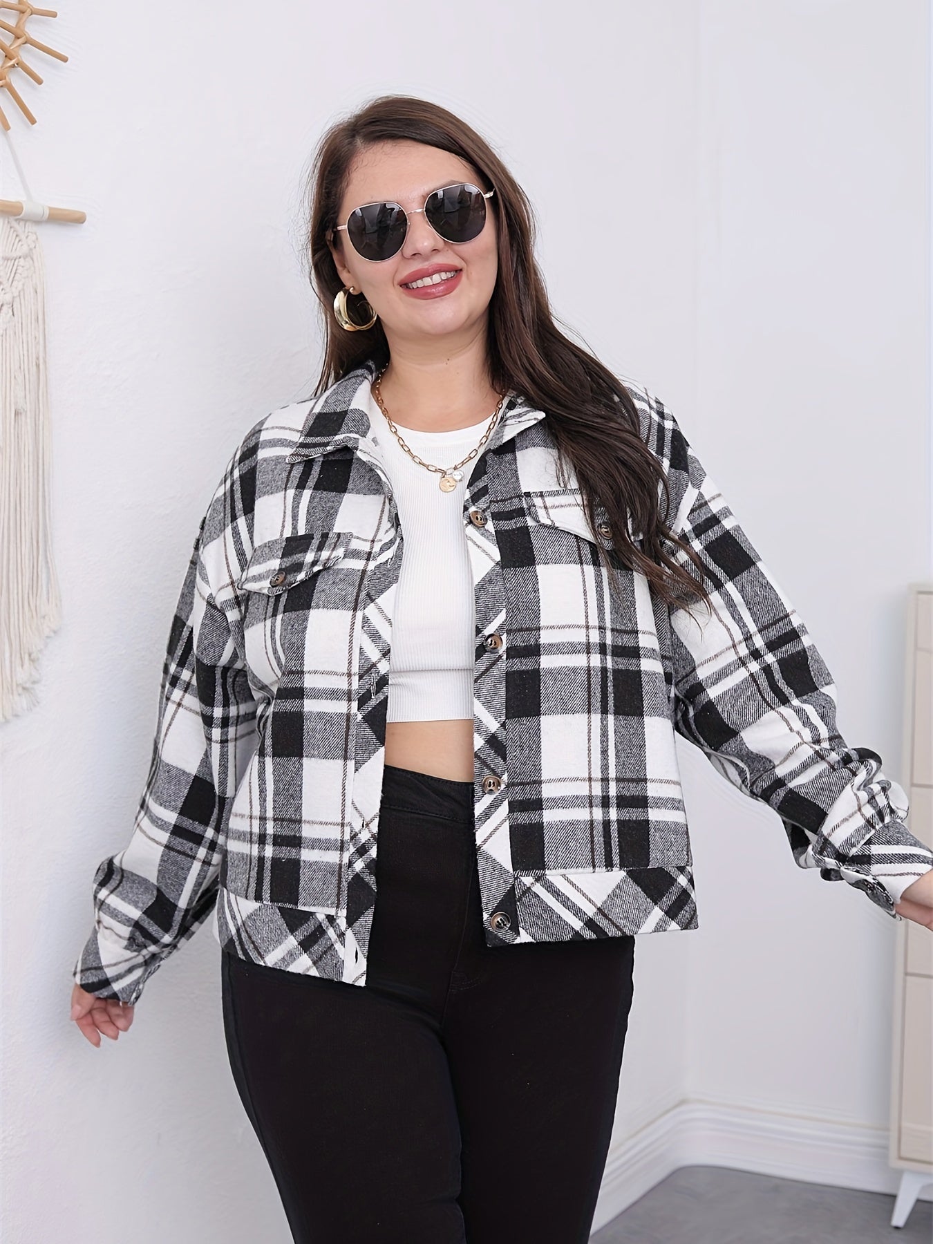  Plaid Print Button Up Long Sleeve Shacket