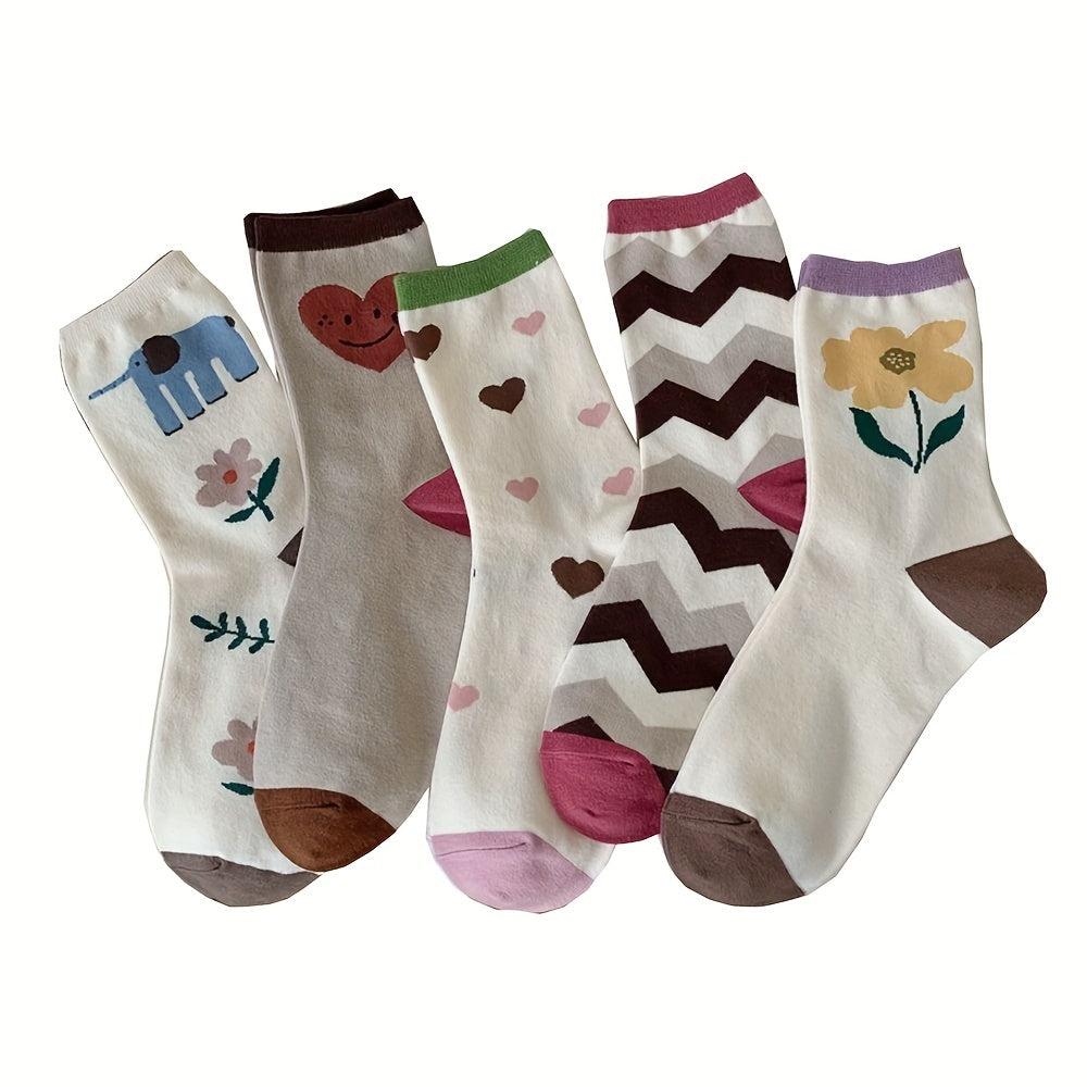 5 Pairs Floral & Heart Print Socks Women's Mid Tube Stockings