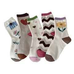 5 Pairs Floral & Heart Print Socks Women's Mid Tube Stockings
