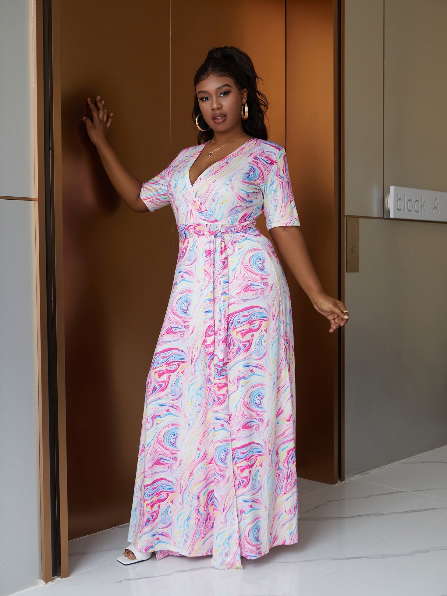  Marble Print Waist Wrap Maxi Dress V Neck Boho Long Dress