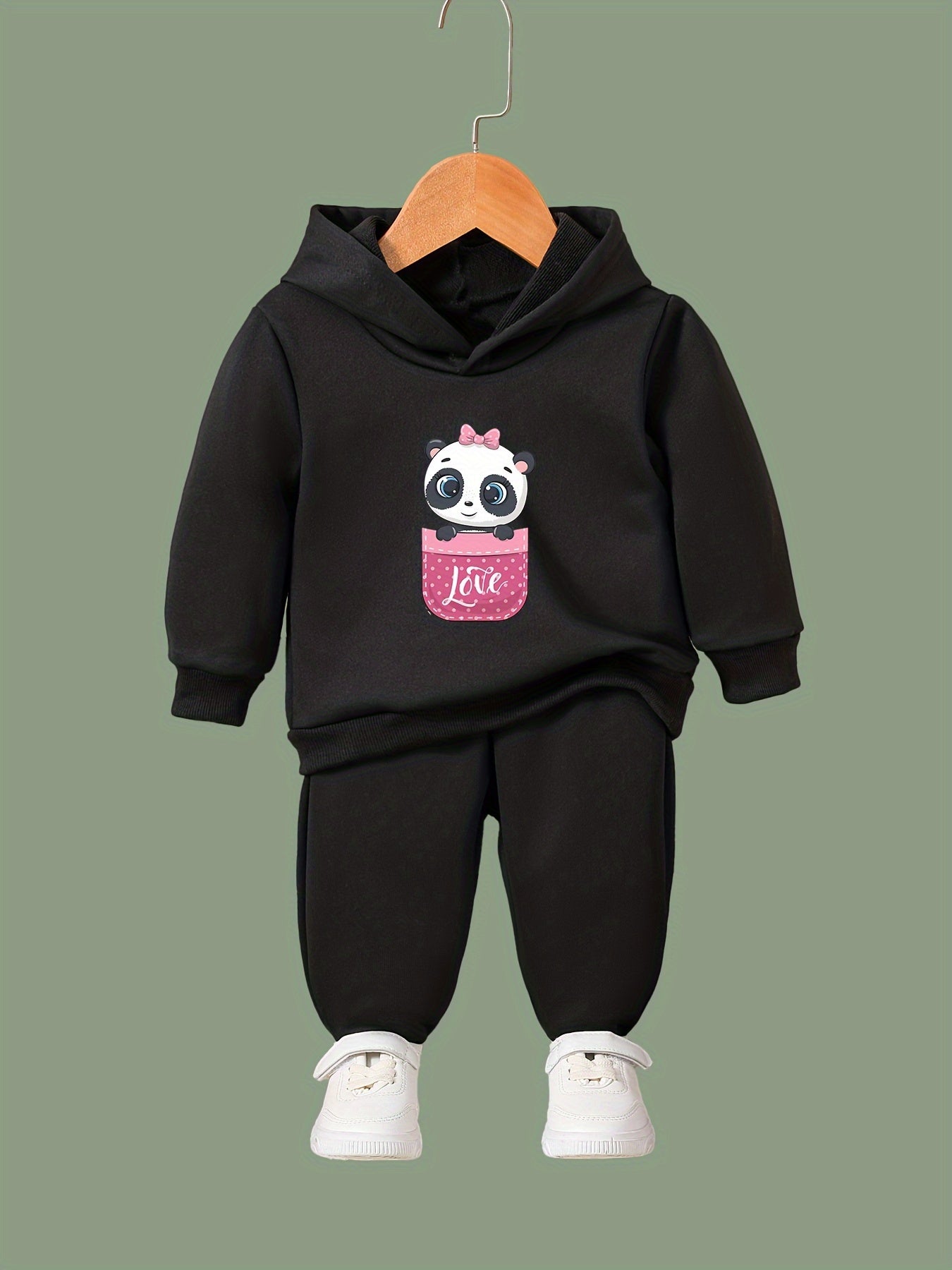 Kid's 2pcs Panda In Pocket Print Long Sleeve Outfit Hoodie & Pants Set
