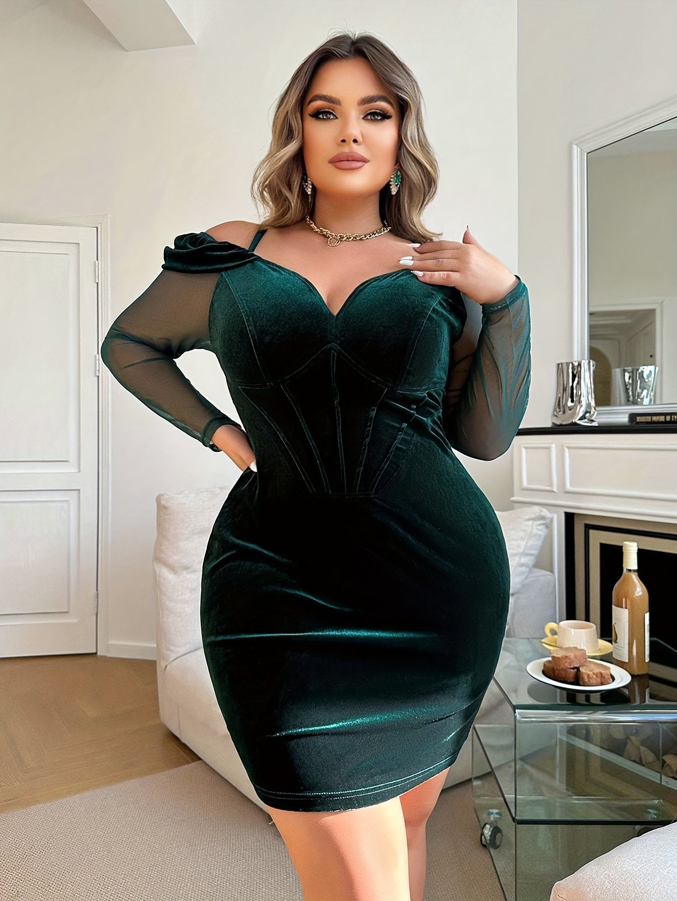  Velvet Mesh Cold Shoulder Bodycon Midi Dress