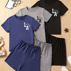 3pcs Boys LOS ANGELES Graphic Print T shirt&Shorts Set