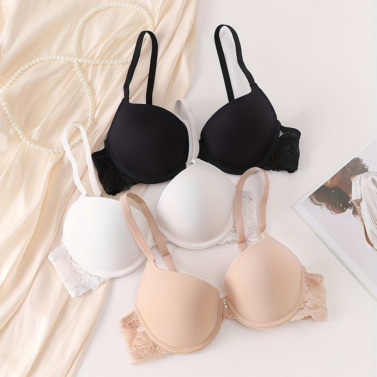 3pcs Lace T Shirt Push Up Bras Breathable Women's Lingerie